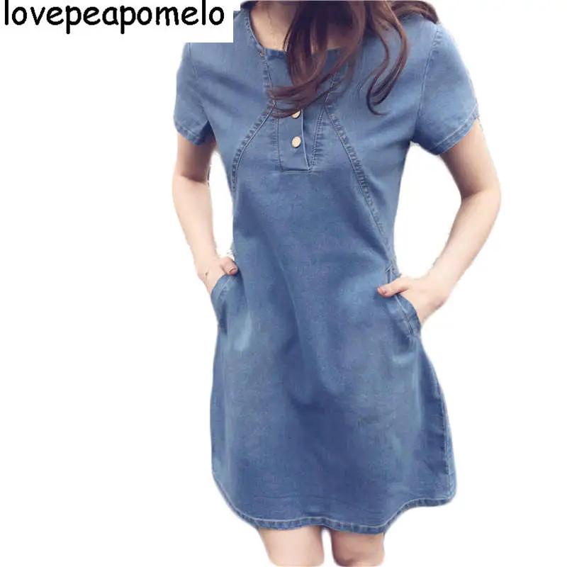 

Женское летнее джинсовое платье с карманами, джинсовое платье трапециевидной формы в Корейском стиле, модель D51, 2018