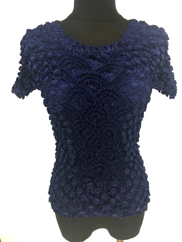 Navy Blue Для женщин эластичные попкорна Топы с коротким рукавом рубашка монета рубашки - Цвет: Navy Blue