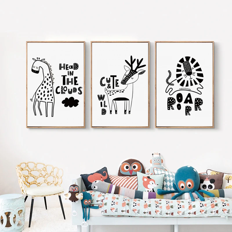 Cute Black And White Animal Giraffe Lion Deer A3 Canvas Painting Posters Prints Wall Art Picture Children's Room Home Decor | Дом и сад