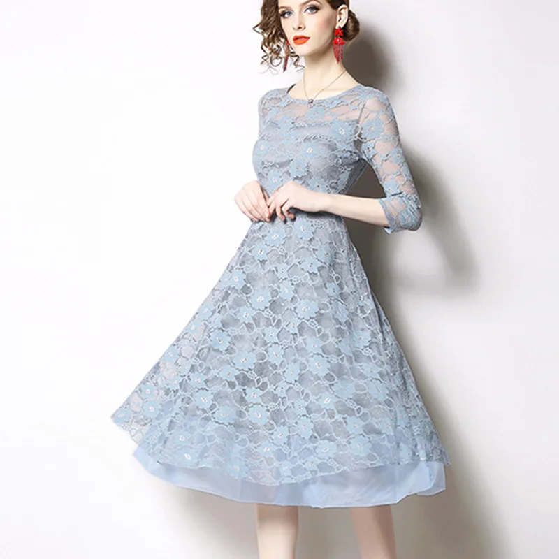 blue Новинка, модное весеннее элегантное кружевное платье для женщин, с круглым вырезом, а-силуэт, темперамент, три четверти, тонкое платье, Vestido Mujer, розовое, синее - Цвет: blue
