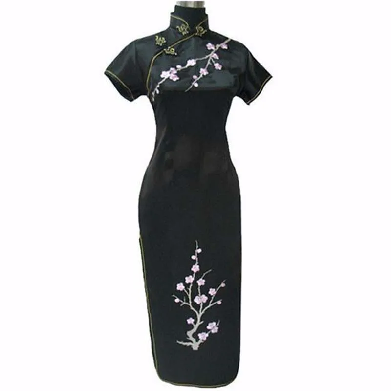 Черное модное винтажное китайское вечернее платье женское атласное Ципао с