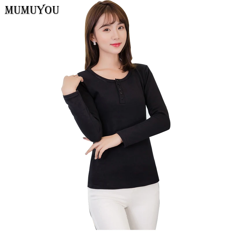 

Women Office Lady Cotton T-Shirts Solid Long Sleeve O-Neck Thick Tees Button Multicolor Undershirts Slim Warm Tops 914-522