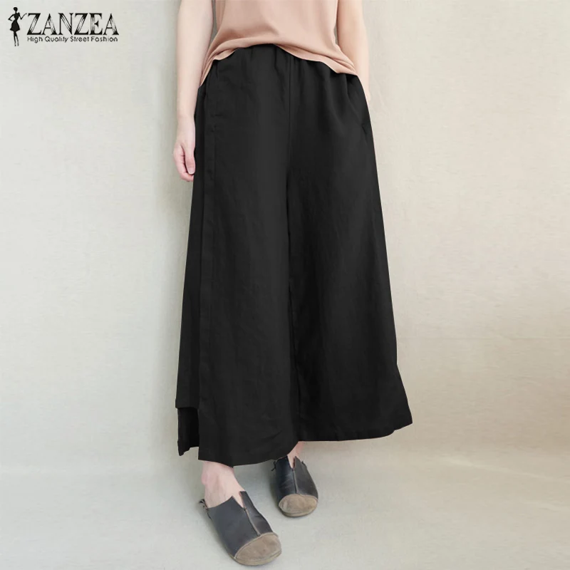 5XL ZANZEA, женские широкие брюки, летние, повседневные, эластичная талия, хлопок, лен, свободные панталоны, расклешенные брюки, уличная одежда размера плюс