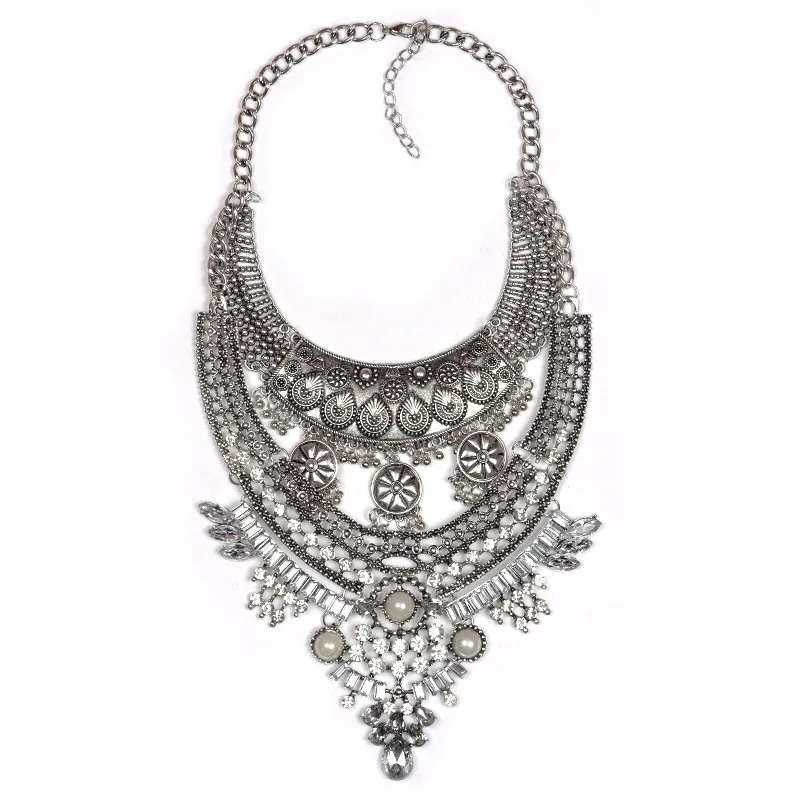 Boho серебряный металлический чокер колье классика длинное большое Хрустальное колье с подвеской Макси колье-чокер ювелирные изделия женские YN487