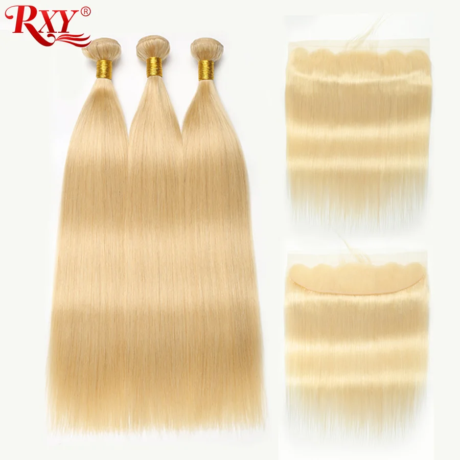 613 Bundles With Frontal Peruvian Hair Blonde 3 Closure RXY Straight Human NonRemy | Шиньоны и парики