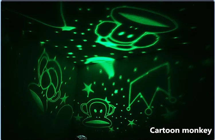 Cartoon monkey Светодиодный проектор, светящиеся звезды, луна, вращающиеся цветные Проекционные Огни, новинка, ночные огни, зарядка через usb, рождественские подарки для детей - Цвет: Cartoon monkey