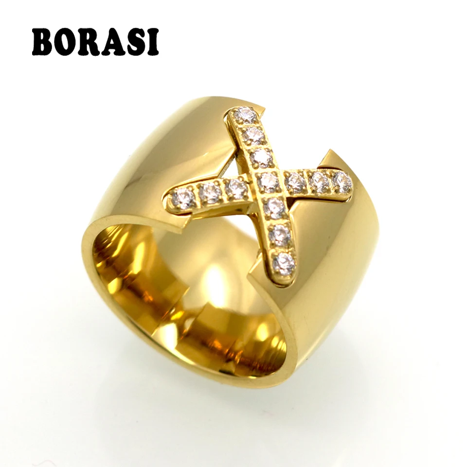 New Arrival Gold Color Ring Bijoux 14mm Width Big Pave Setting CZ Cross X Ring For Women Trendy Crystal Jewelry Wholesale Gift