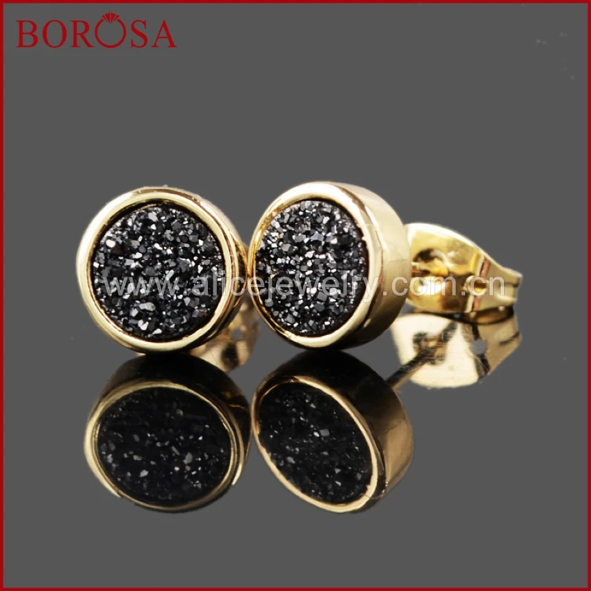 BOROSA 8 мм золотой цвет черный натуральный кристалл Druzy Титан Druzy серьги гвоздики модные Drusy серьги геод 198-6
