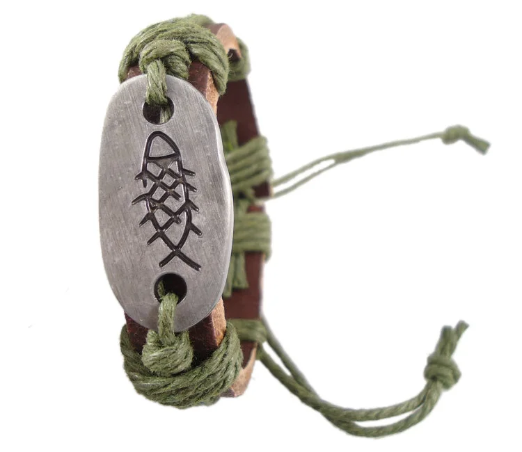 Винтажный Браслет из натуральной кожи с символом кости для мужчин и женщин Рыба