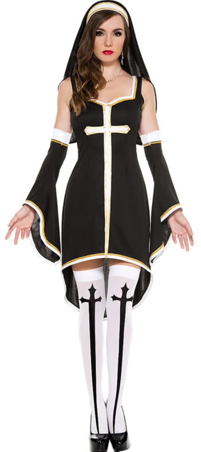 Сексуальный черный костюм монахини для взрослых женщин Косплей монахиня одежда