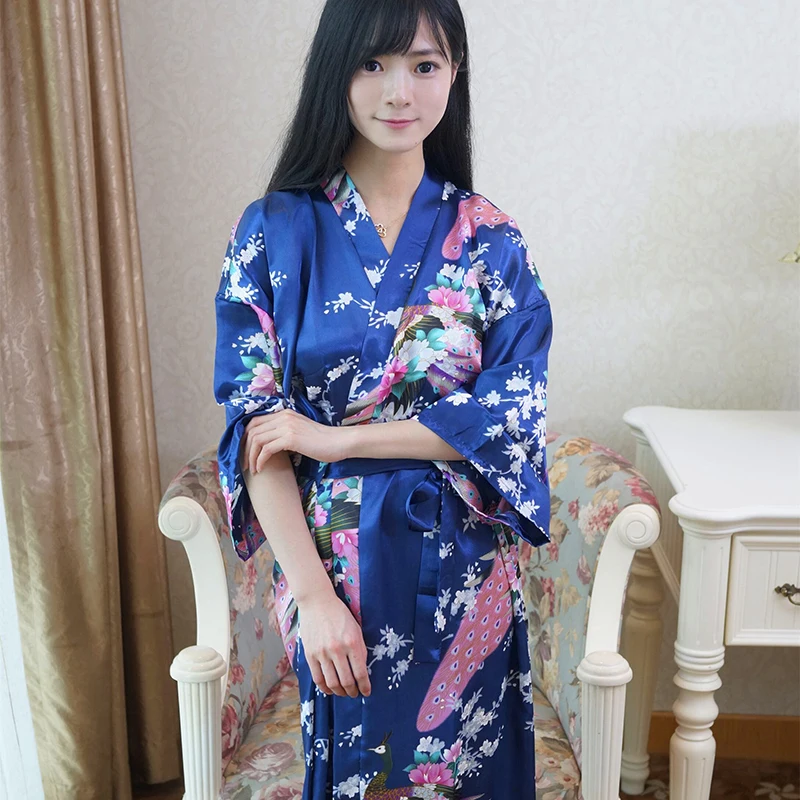 Элегантное повседневное горячее цветочное атласное кимоно для сна длинное