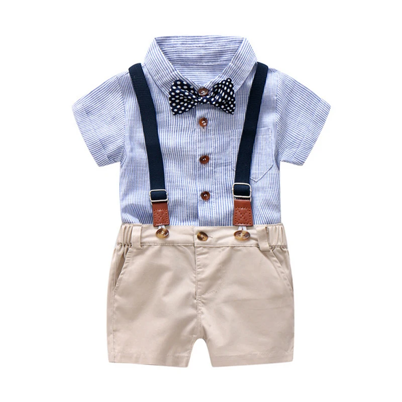 Blue and White Striped Romper Clothes Set For Baby Boy Summer Suit With Bow Toddler Kid Bodysuit Infant Clothing |
