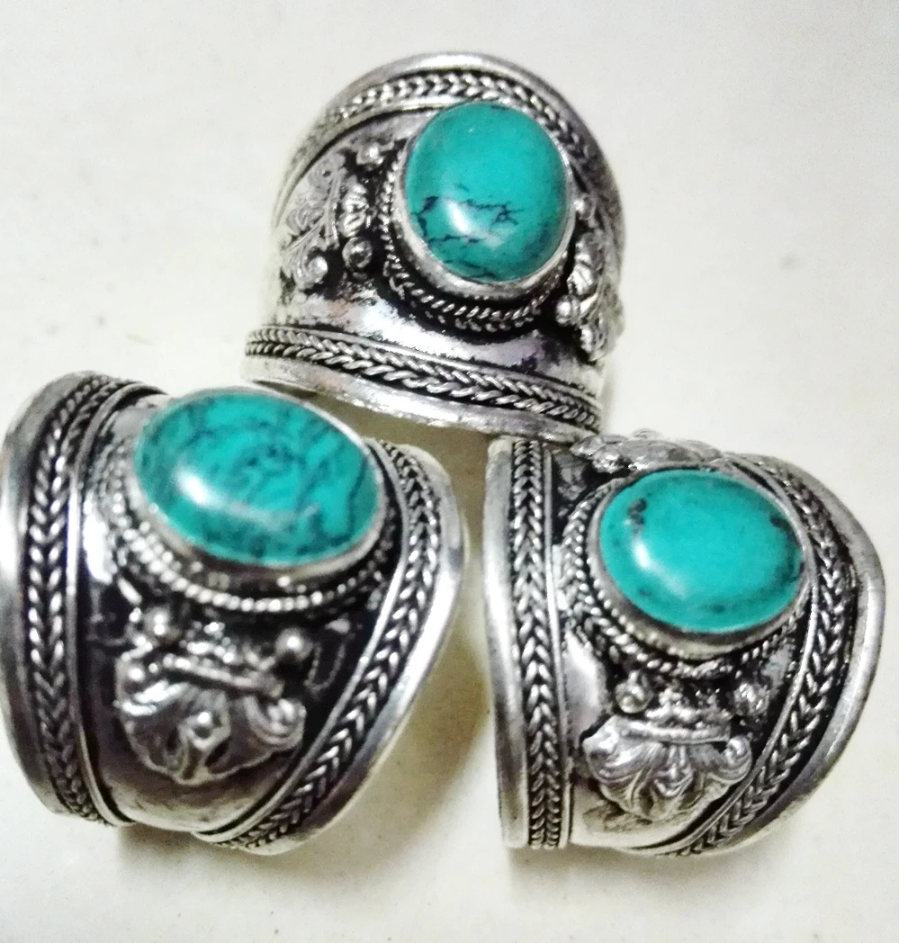 10 шт./лот кольца с зеленым камнем овальной формы старый Тибет серебро резное