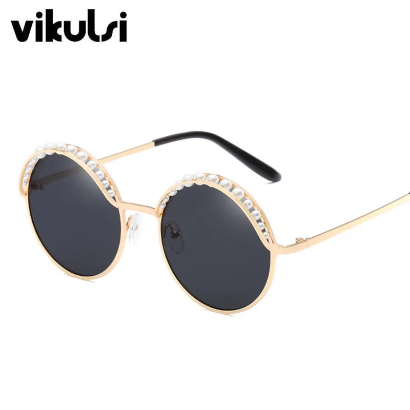 D451 gold black Роскошные круглые солнцезащитные очки с бусинами для женщин, модная оправа из сплава, брендовые дизайнерские солнцезащитные очки с жемчугом для женщин, черные оттенки, UV400, новинка - Цвет линз: D451 gold black