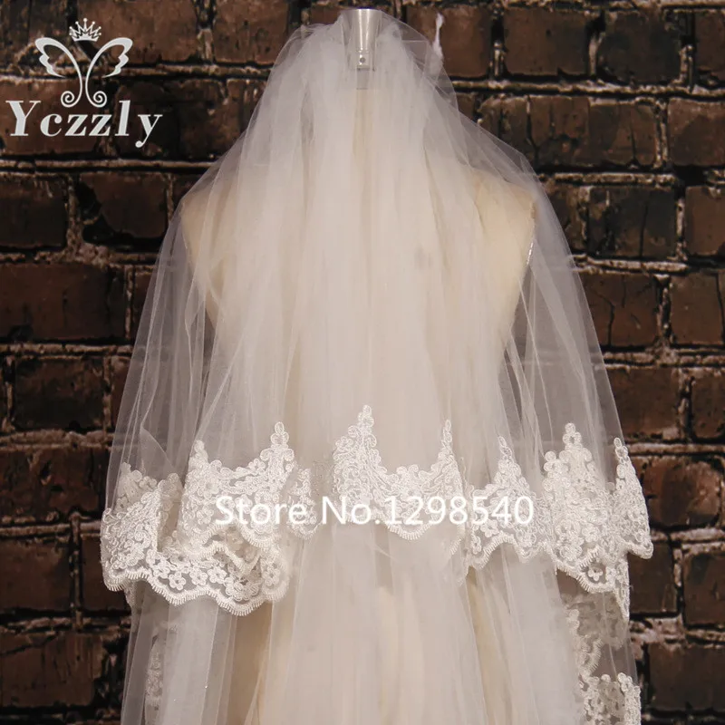 Дешевые Белый/Слоновая Кость 2 Т Длинные Края Шнурка Собор Свадебная Фата С