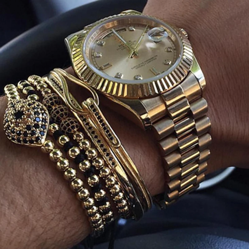 Мужской браслет из нержавеющей стали золотого цвета 6 мм с микро стразами черный 3