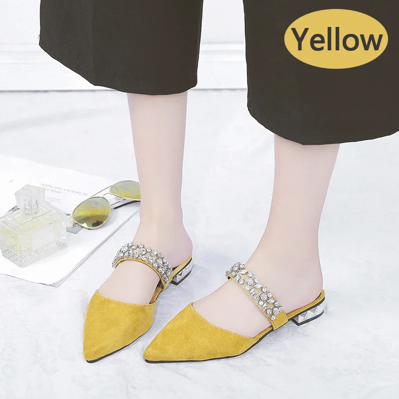 Yellow Aphixta/Большие размеры 34-44; тапочки с острым носком; замшевая обувь; женские вьетнамки на квадратном каблуке; Sandales Mujer; женские пляжные шлепанцы - Цвет: Yellow