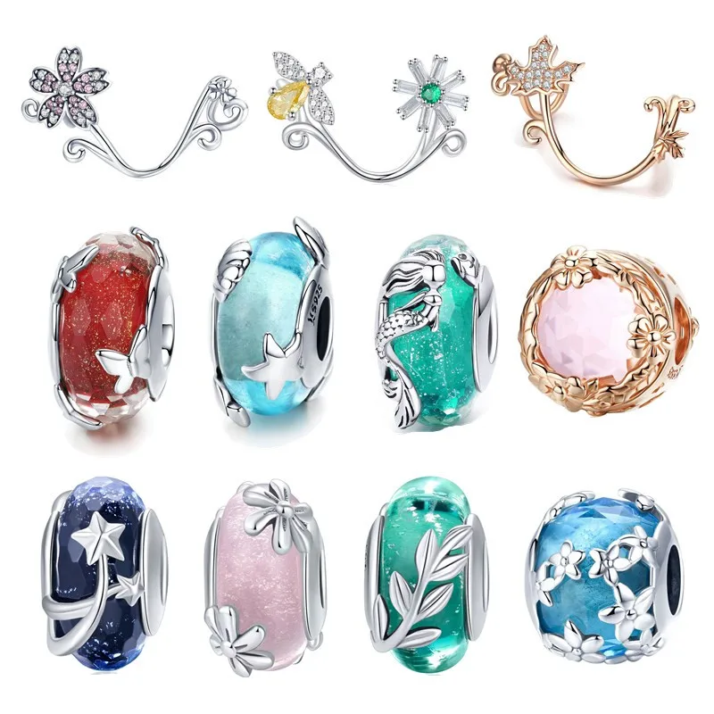 Браслет Pandora,, 925 пробы, серебро, морская Русалка, звезда, бабочка, стеклянные бусины, S925, сделай сам, циркон, Маргаритка, пчела, подвески