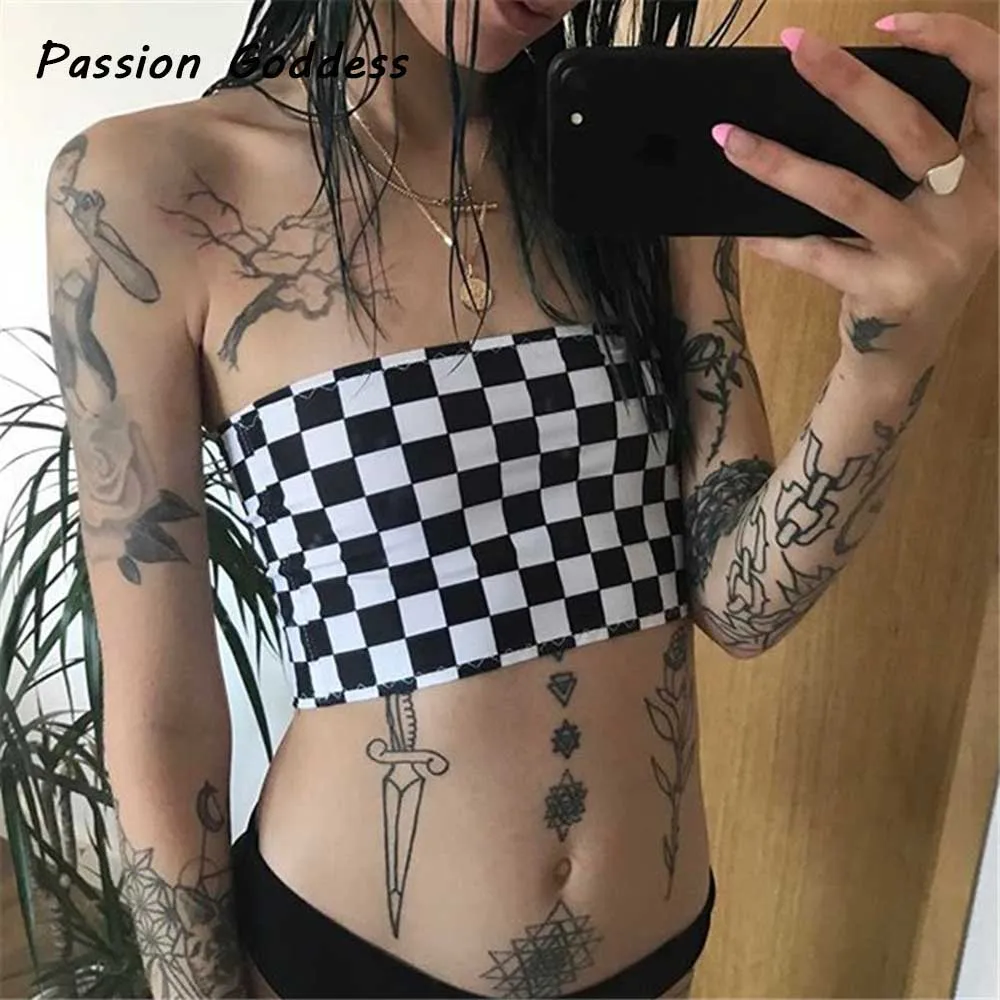 2018 топ в стиле Харадзюку с открытыми плечами Майки шахматную клетку сексуальные