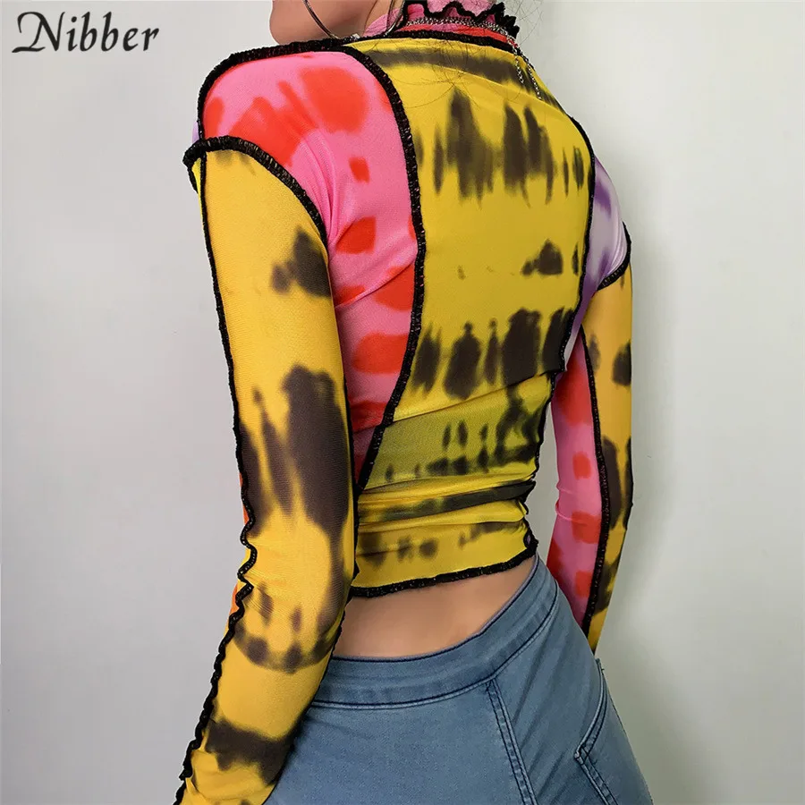 Nibber/модные сетчатые топы с разноцветным принтом и рюшами; Женские базовые T-shirts2019autumn; горячая распродажа; тонкие уличные повседневные футболки; mujer
