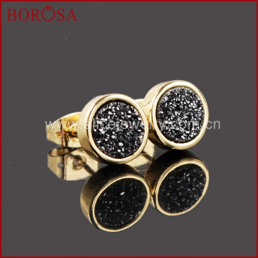 BOROSA 8 мм золотой цвет черный натуральный кристалл Druzy Титан Druzy серьги гвоздики модные Drusy серьги геод 198-6