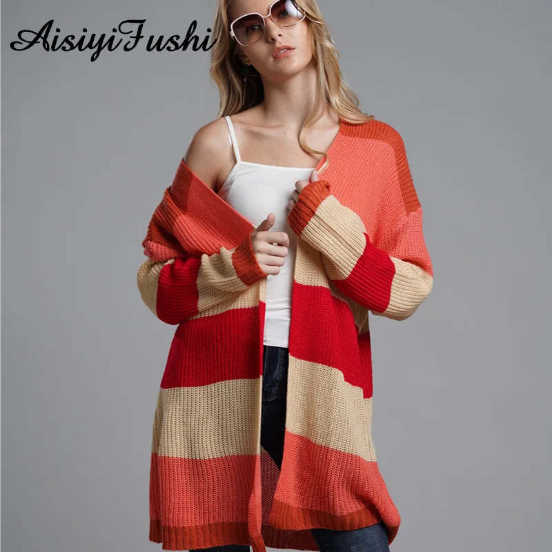 Winter Women Long Sleeve Cardigan Striped Female Knitted Cardigans Rainbow Warm Women'S Femme Manche Longue 2020 |