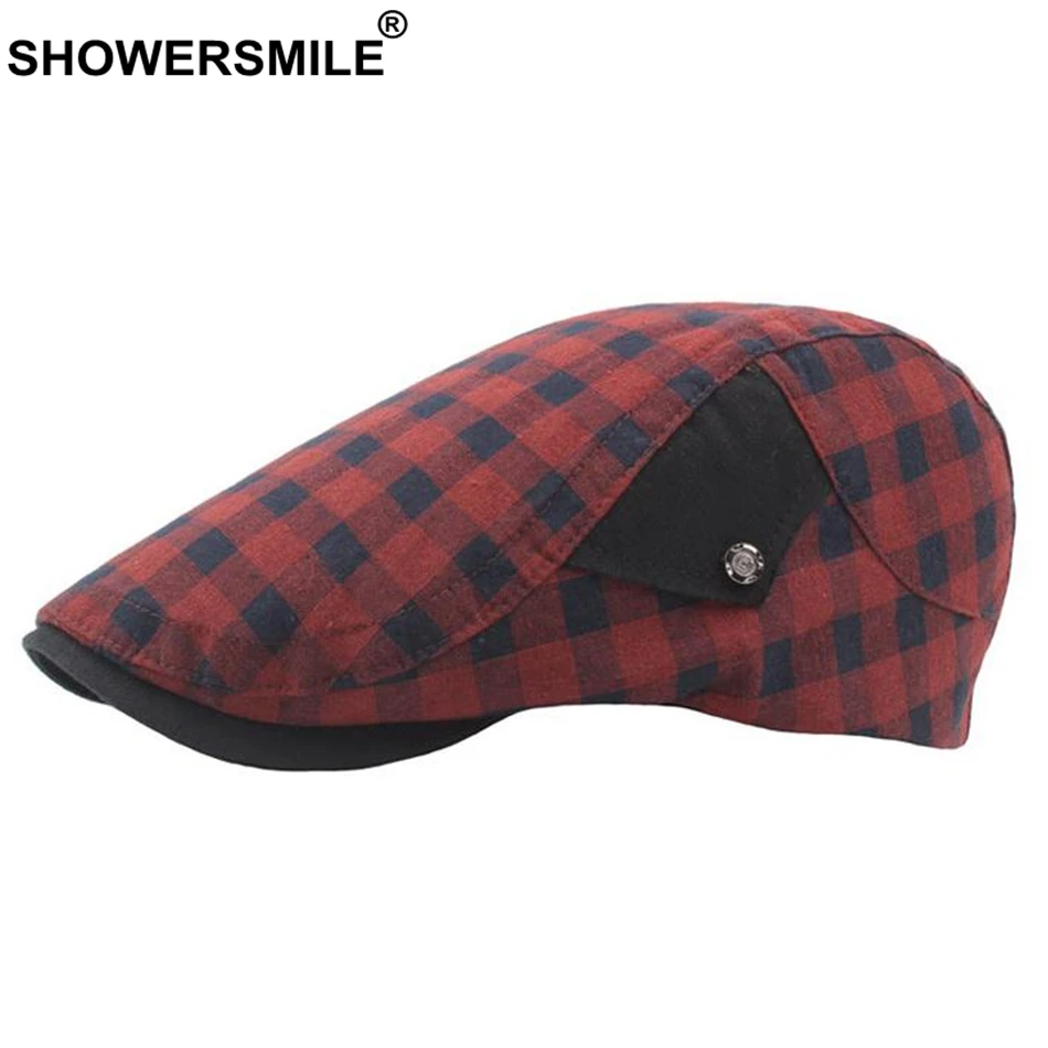 SHOWERSMILE, красные клетчатые береты для женщин, хлопковая дышащая шапка из плюща утконоса, Мужская Новая летняя Регулируемая винтажная плоская кепка в британском стиле