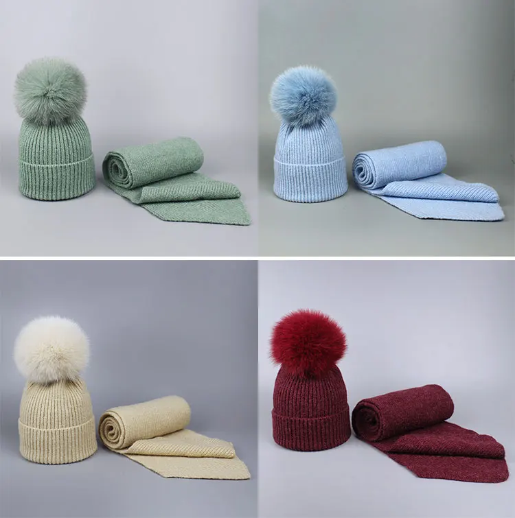 Зимняя женская шапка с помпоном из лисьего меха, шапка и шарф, набор, шерстяные вязаные забавные шапочки Skullies, теплые лыжные маски, новогодняя шапка
