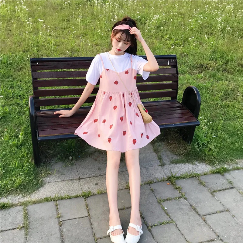 Новые летние милые платья в японском стиле для женщин, Kawaii, клубничный принт, короткий рукав, поддельные два предмета, платье для девочек, милое платьице