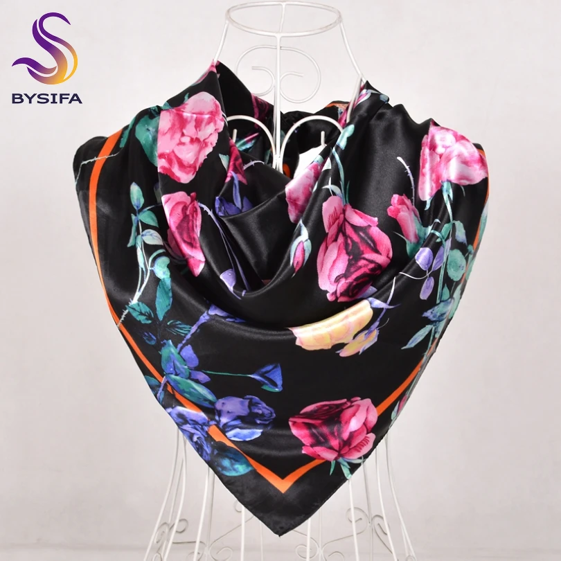 Женские квадратные шарфы [BYSIFA] черные и розовые модный брендовый шелковый шарф с