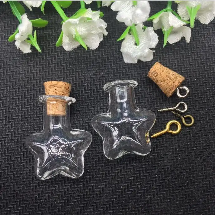 

50pcs transparent Glass Bubble five potion star vial cork stopper silver/bronze/gold eyehook Lampwork pendant necklace charm