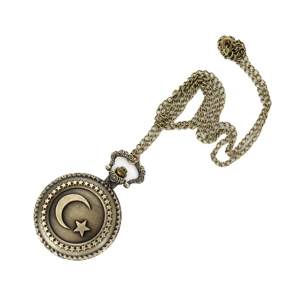 Античная бронза Турецкий флаг Дизайн Луна и звезда тема кварцевые карманные часы