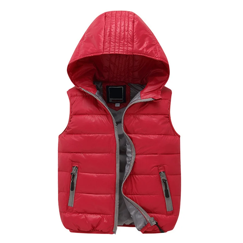 Модные зимние детские теплые жилеты ярких цветов с капюшоном для мальчиков