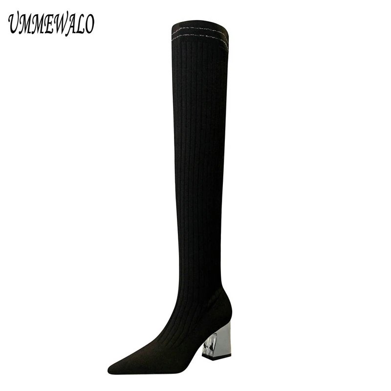 

UMMEWALO Pointed Toe Slim Sexy Thigh High Boots Women Fashion High Heel Elastic Winter Knitting Boots Ladies Shoes