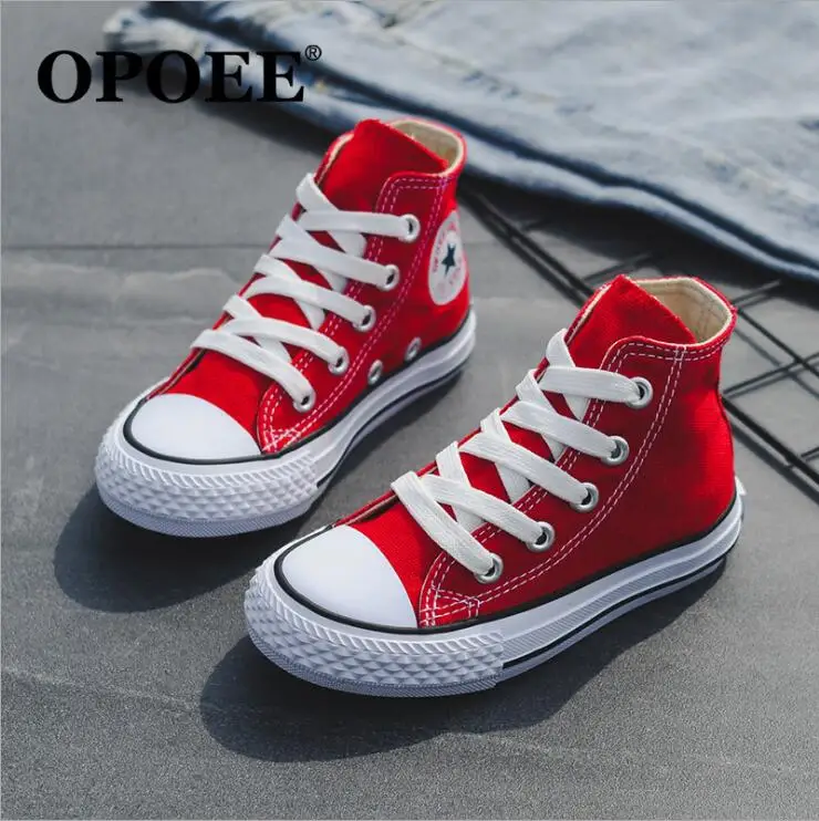 OPOEE/детская обувь; коллекция года; сезон весна; классические парусиновые туфли с кружевом для мальчиков и девочек; детская повседневная обувь - Цвет: Красный