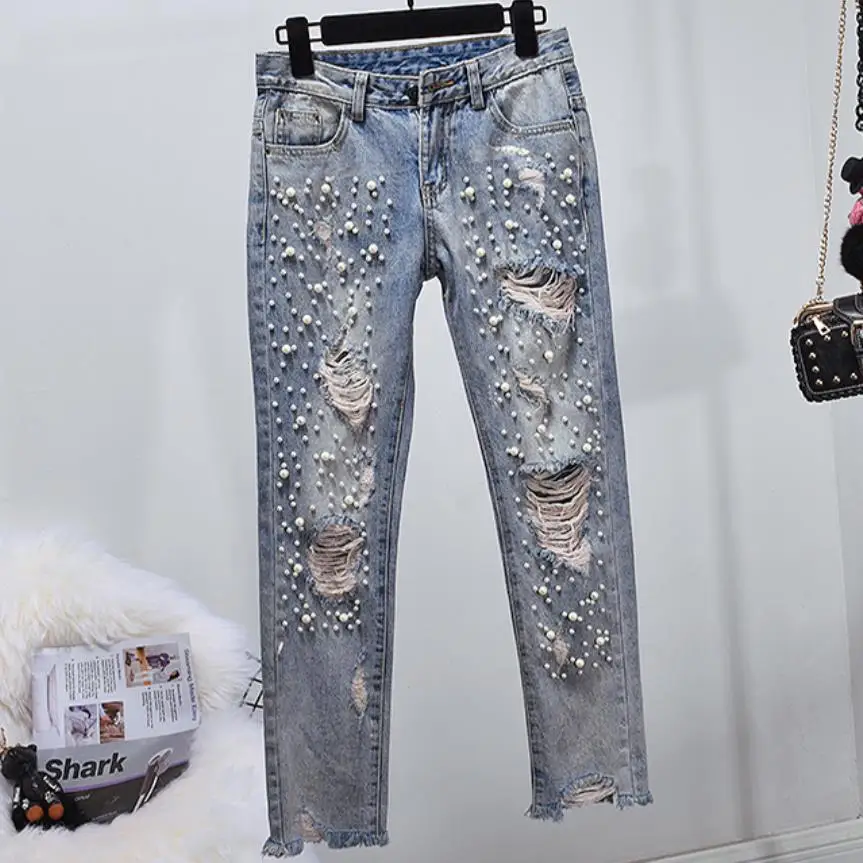 

Skinny Ripped Jeans Women Distressed Hole Beads Pearl Women Jeans With Pearls Denim Pencil Pants