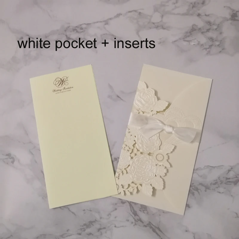 pocket and inserts 50 шт./лот элегантный белый лазерный разрез Пригласительные открытки на свадьбу с лентой сохранить дату свадебный душ настроить вечерние принадлежности - Цвет: pocket and inserts