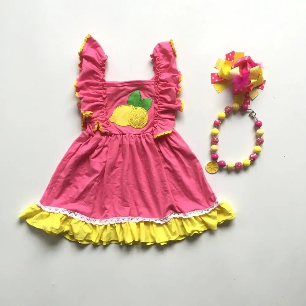 Новая детская одежда для девочек платье с лимонами ярко-Розовая Желтая