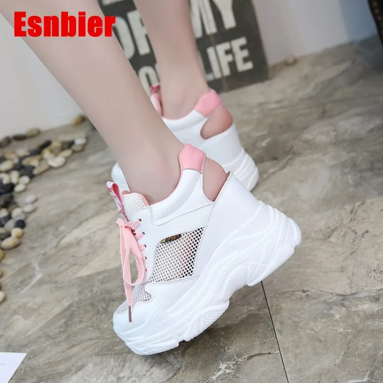 Женские кроссовки на танкетке сетчатые дышащие платформе и высоком каблуке