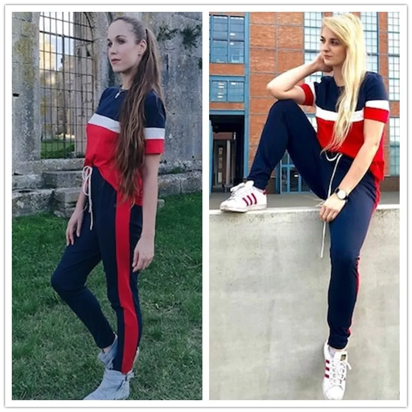 SweatyRocks, Женский комплект 2 шт., цветной блок, короткий рукав, футболка и штаны на завязках, набор,, спортивный костюм, женская одежда, два предмета