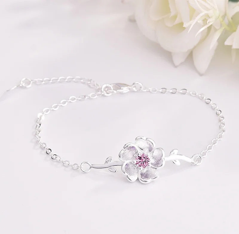 tree sakura pink OMHXZJ,, Европейская мода, женский, для вечеринки, дня рождения, свадьбы, подарок, Сакура, AAA, циркон, 925 пробы, серебряный браслет, BA117 - Цвет камня: tree sakura pink