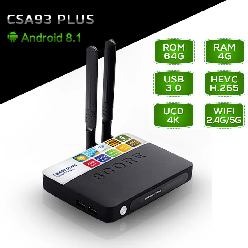 CSA93 Plus Android 8,1 ТВ приставка RK3328 Четырехъядерный 4 ГБ ОЗУ 64 Гб ПЗУ USB 3,0 Смарт медиаплеер 2,4G/5G двойной Wifi BT 4,0 телеприставка