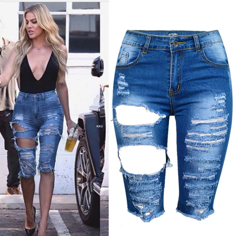 Женские рваные джинсы до колена с высокой посадкой|high waist ripped|jeans woman sexyhigh ripped jeans |