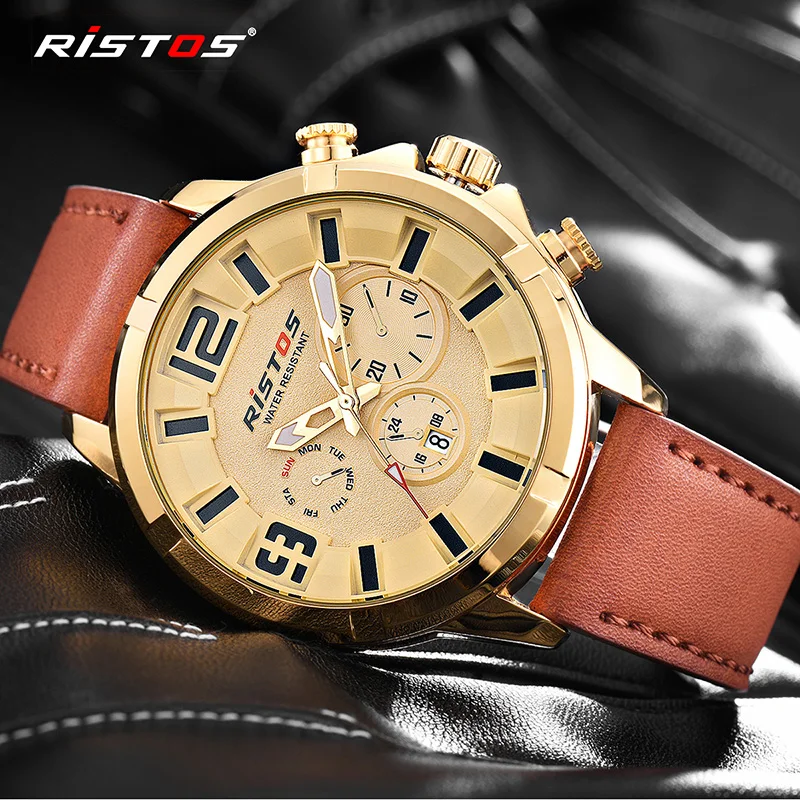 RISTOS CasualLeather часы для мужчин спортивные водостойкие Дата Аналоговый кварцевые