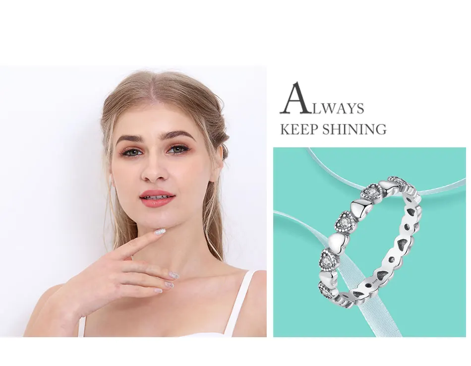 

BELAWANG Genuine 925 Sterling Silver Ring Stackable Heart Crystal CZ Finger Rings for Women Wedding Anniversary Jewelry Anel