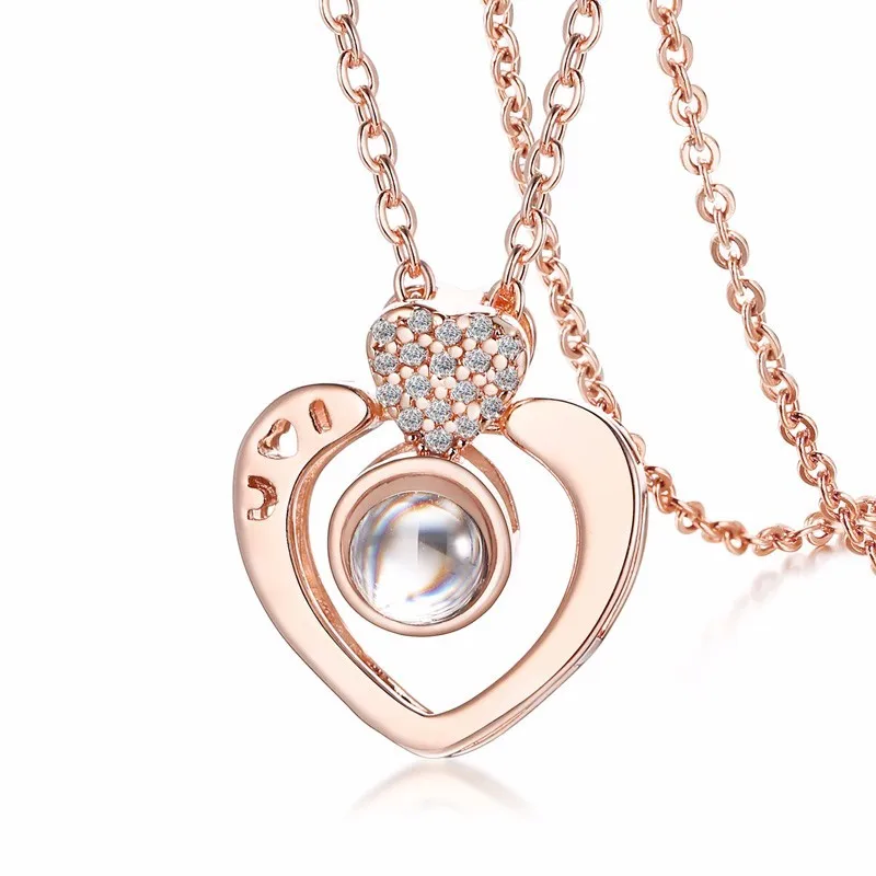 Rose gold Ожерелье с сердечком и памятью 100, ожерелье с нанотехнологией хакул, серебряное, проецирующее, дуинь, любовь из розового золота - Окраска металла: Rose gold