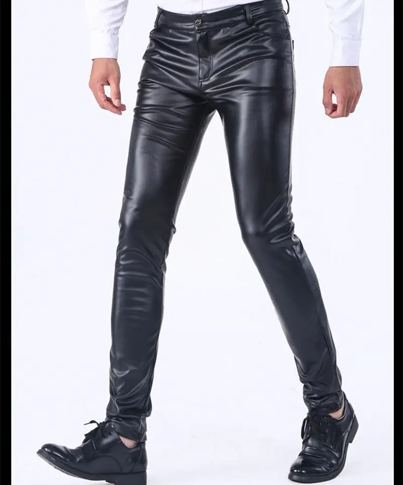Осенние брюки из искусственной кожи мужские сексуальные облегающие кожаные
