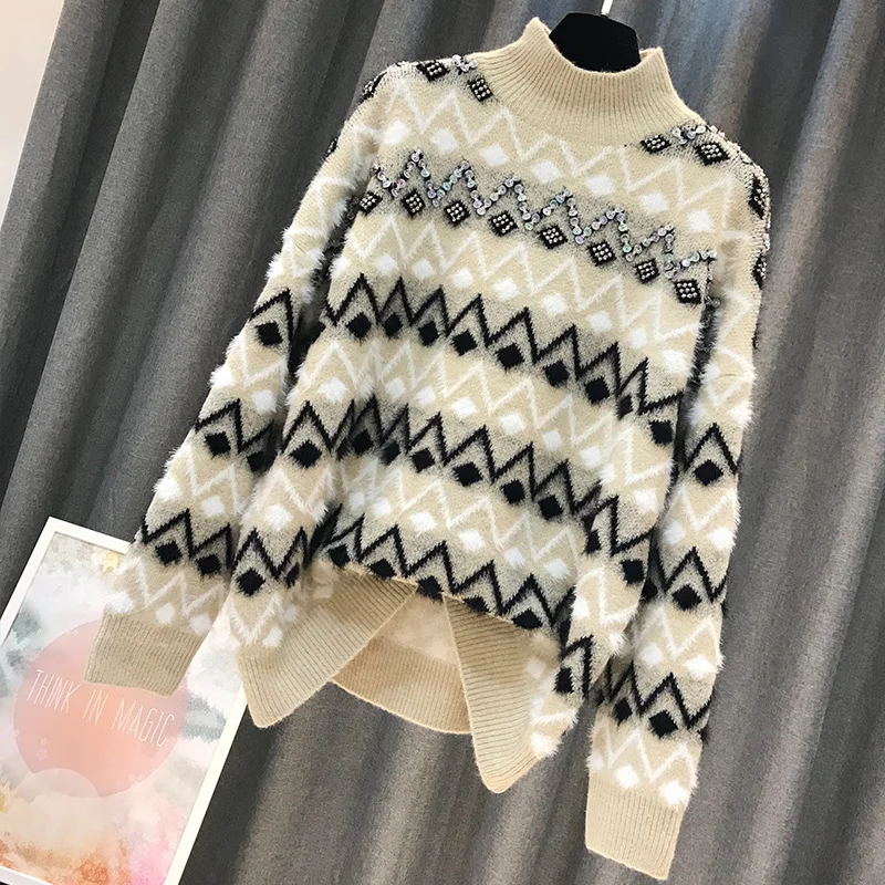 Женский свитер ALPHALMODA свободный с геометрическим узором расшитый блестками