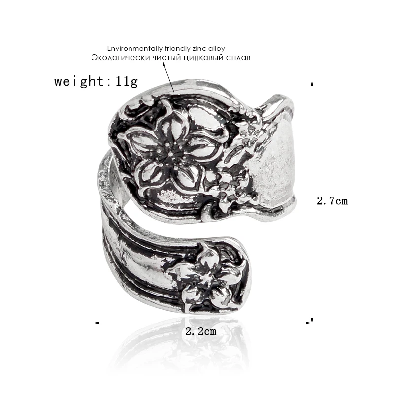 Кольцо с резьбой по вишне Винтажное кольцо двойным пальцом серебристый цветок
