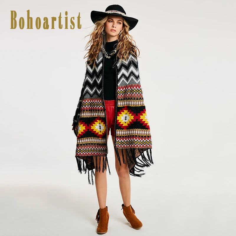 Женская накидка Bohoartist черная с геометрическим принтом Лоскутная одежда